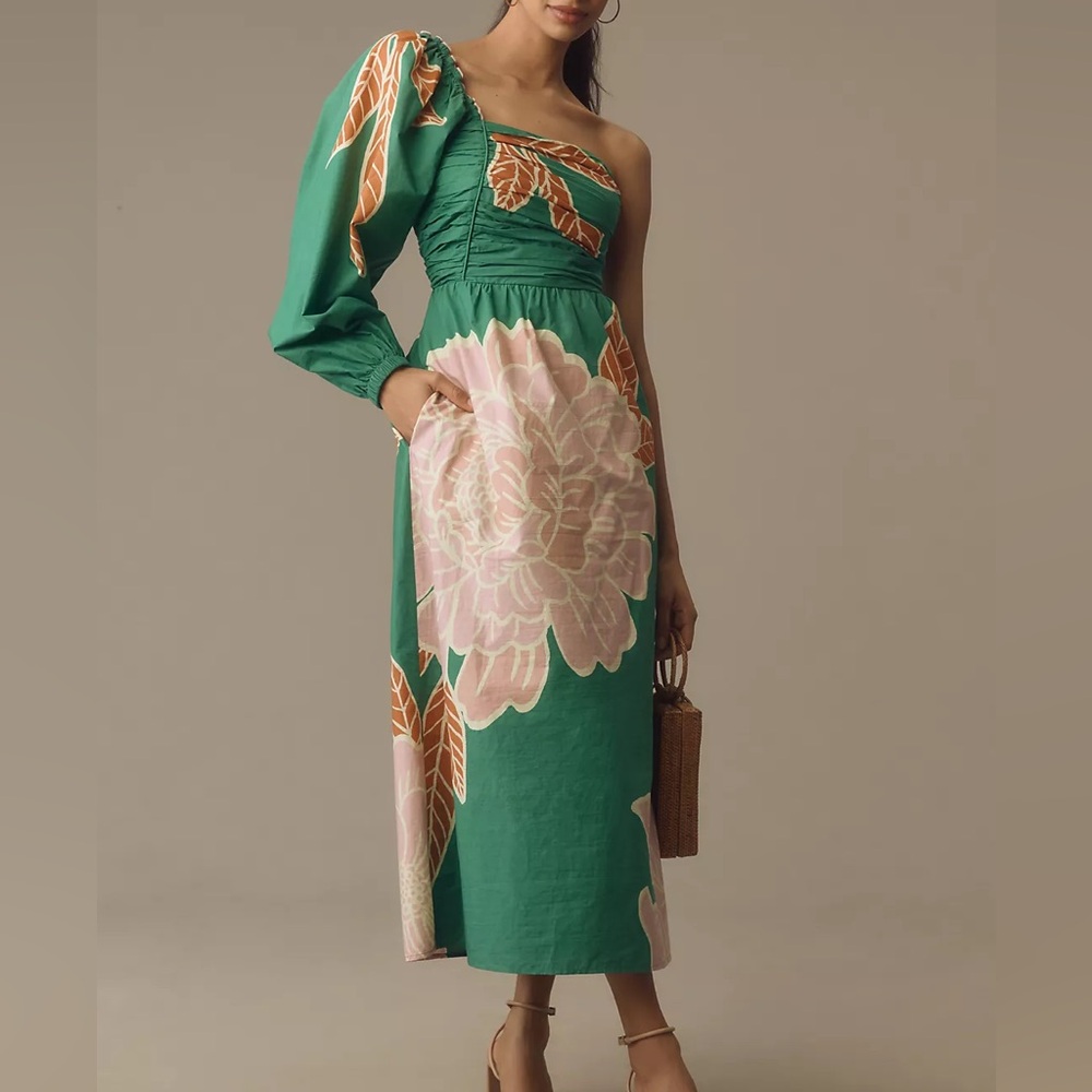 FARM Rio Green One-Shoulder Floral Midi Dress